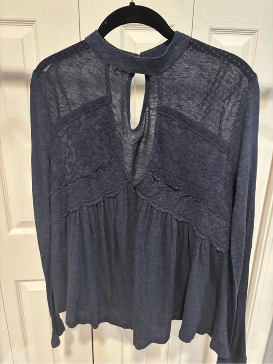 Altar'd State Tops - Altar'd State Navy Lace Yoke Keyhole Long Sleeve Top